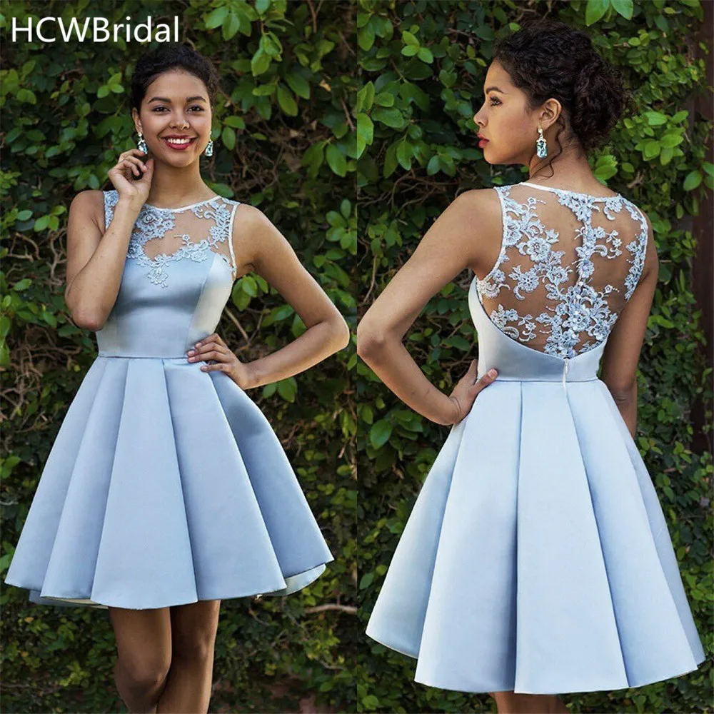 High Quality Mint Blue Satin Short Prom Dresses Lace Appliques A Line