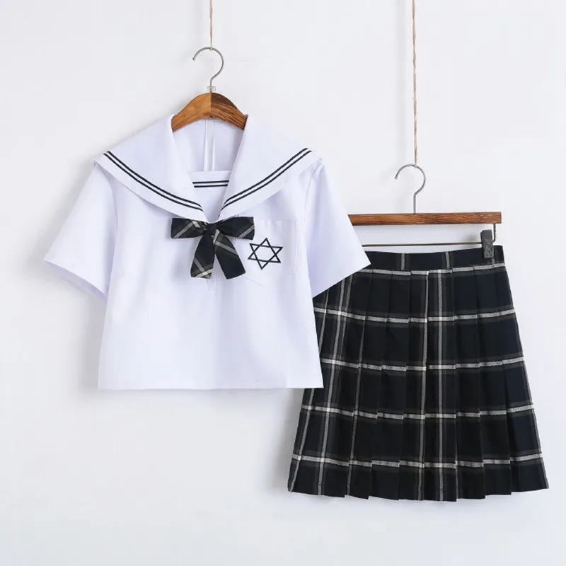 

Japanese Uniform JK Sets School Uniforms Girls Hexagonal Star High School Uniforms Women Sailor Suits White Shirt + Plaid skirt