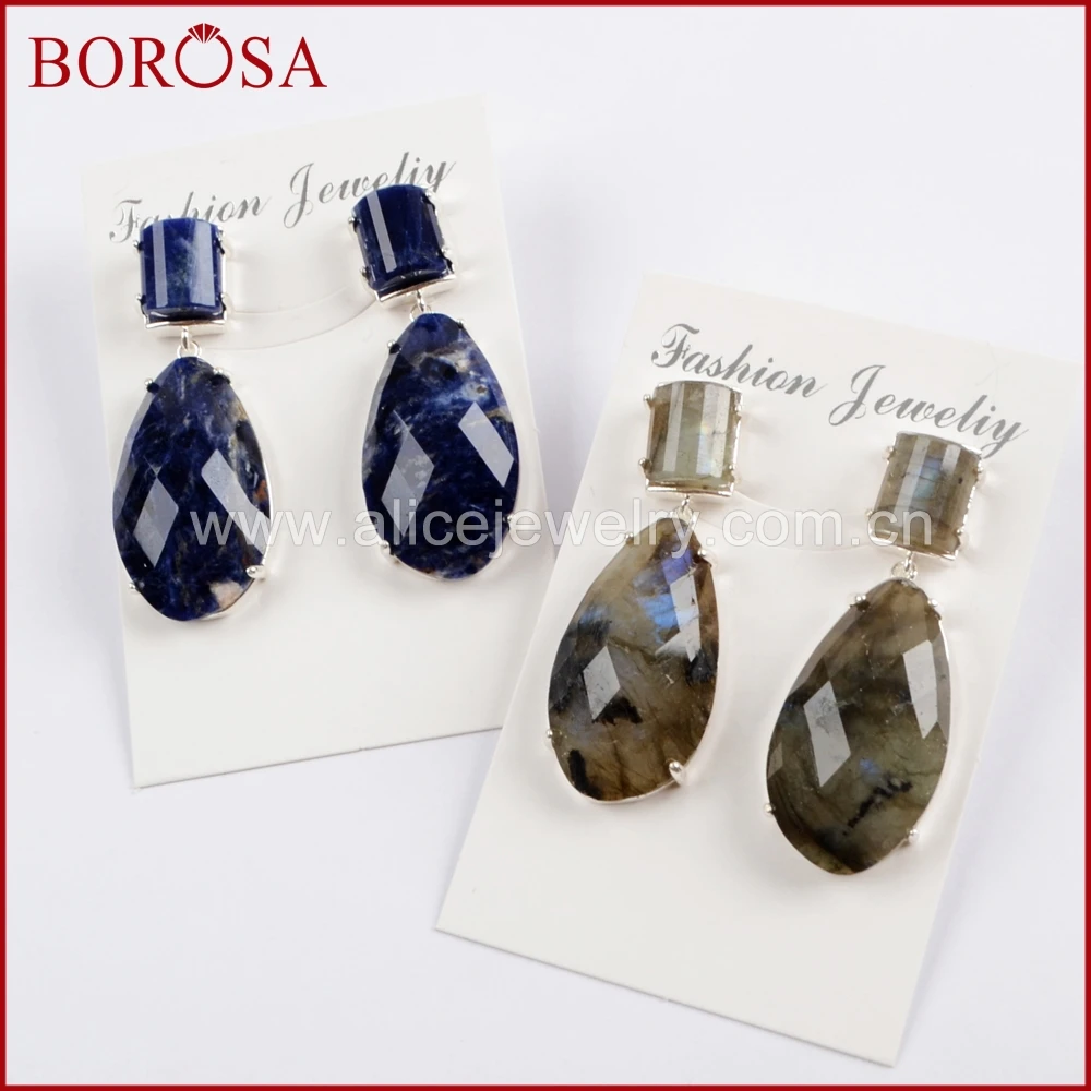 

BOROSA 3/5Pairs Silver Color Micro Pave CZ Drop Multi-kind Faceted Stones Earring Natural Labradorite Earrings Jewelry WX1022