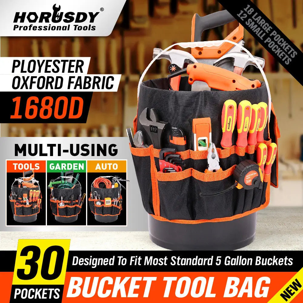 HORUSDY 5 Gallon Bucket Organizer Tote Bag Toolkit Bag Garden Tool Kits 30 Storage Pocket Tool ...