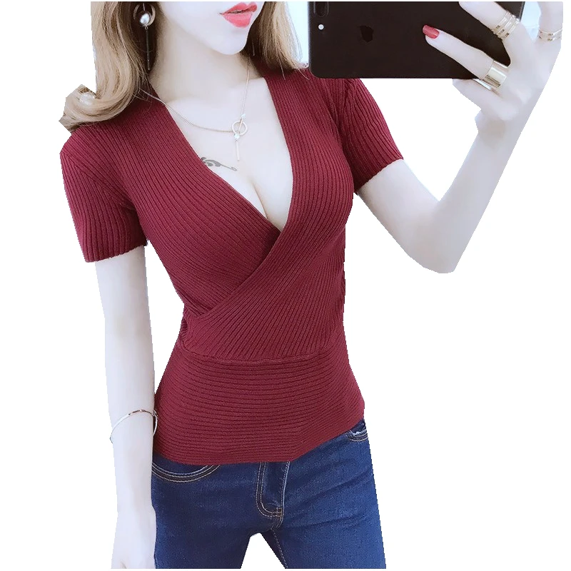 

Fashion summer women Sexy plunging neckline Cross V-Neck solid color short-sleeve pullovers casual knit tops tee Multi color