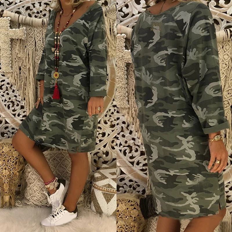 

Women Dress Ladies Party Summer Baggy Sexy Fashion Camouflage Print Retro Long Sleeves Casual Sundress T Shirt