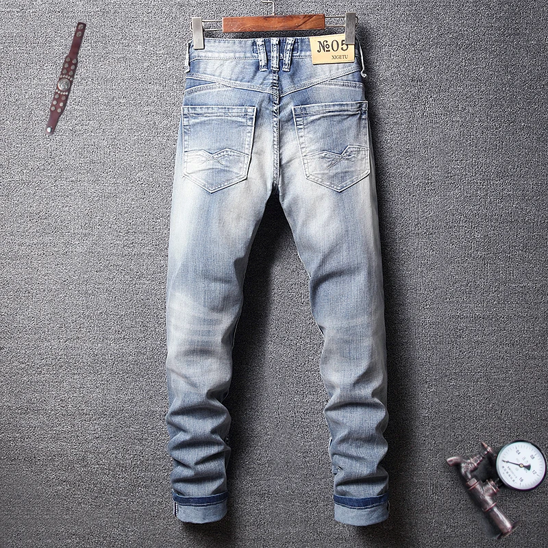 Fashion Classical Men Jeans Light Blue White Wash High Quality Summer Casual Hip Hop Denim Pants 2