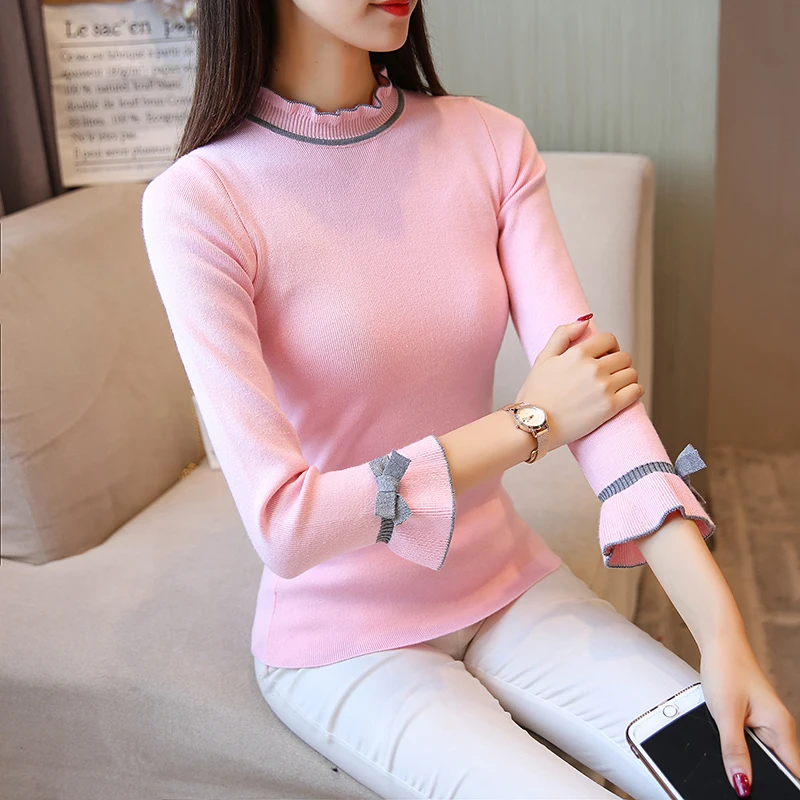 Baratos OHCLOTHING 5344 jerseys para mujer nuevo jersey de mujer alto elástico falbala tejido cuello de encaje todo fósforo camisa de fondo