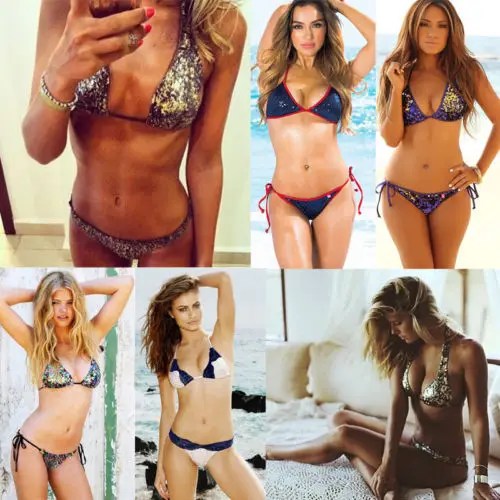 Sexy Women Swimming Becah Bling Push Up Padded Beach Swimwear Sequin Triangle Bra Bikini Set Bathing Swimsuit Beachwear