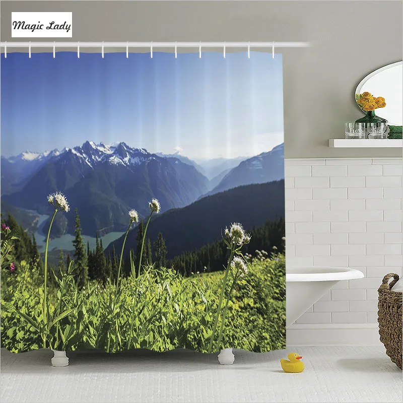 Shower Curtain Mountains Bathroom Accessories Grass Blue Sky Snowy