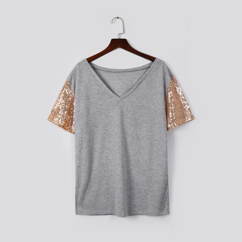 

Fashion T Shirt Women Short Sleeve Stand Out Sequin Sleeve Tee Shirt Femme Casual Camisas Mujer Top Tshirt Women Dropshipping