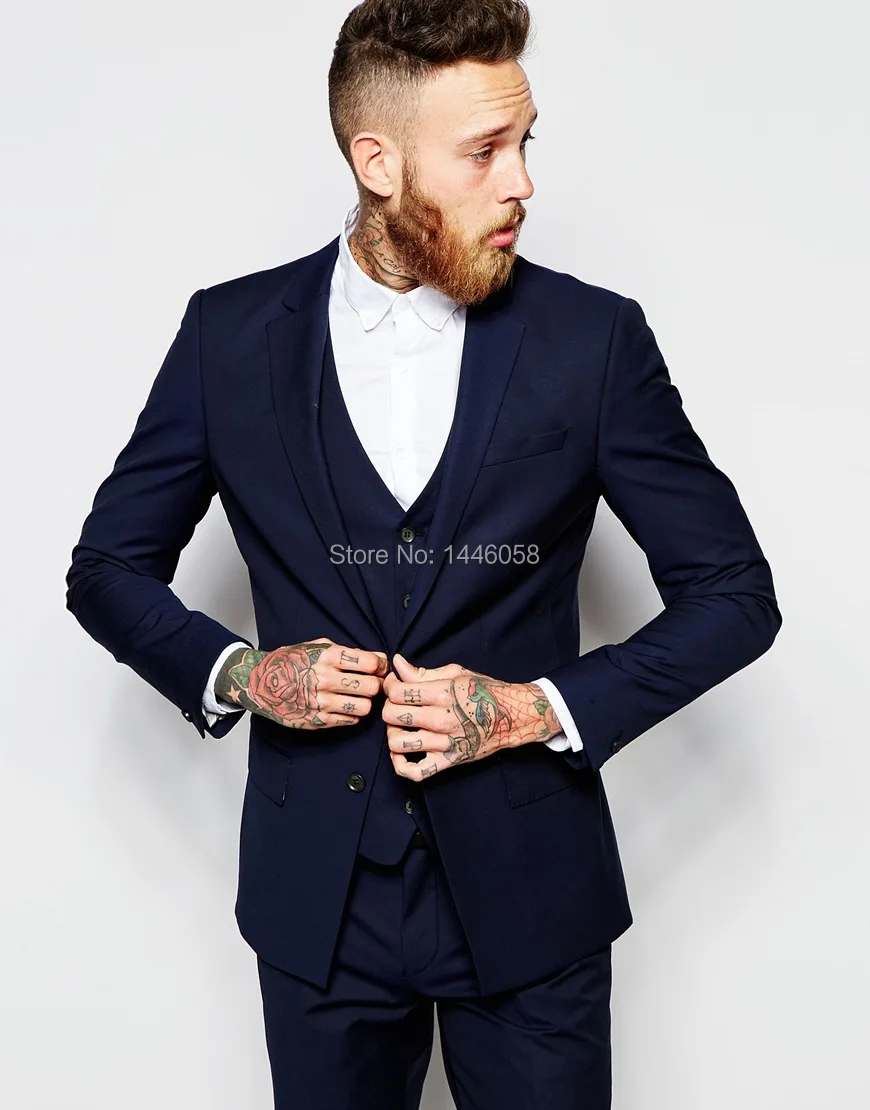 2017 men formal suits groom wear navy blue business suit