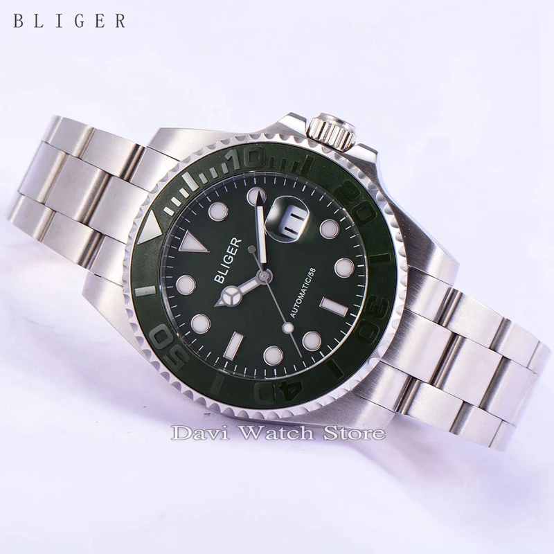 

BLIGER 43mm Ceramic Bezel green dial Luminous sapphire automatic Date Day mens watch