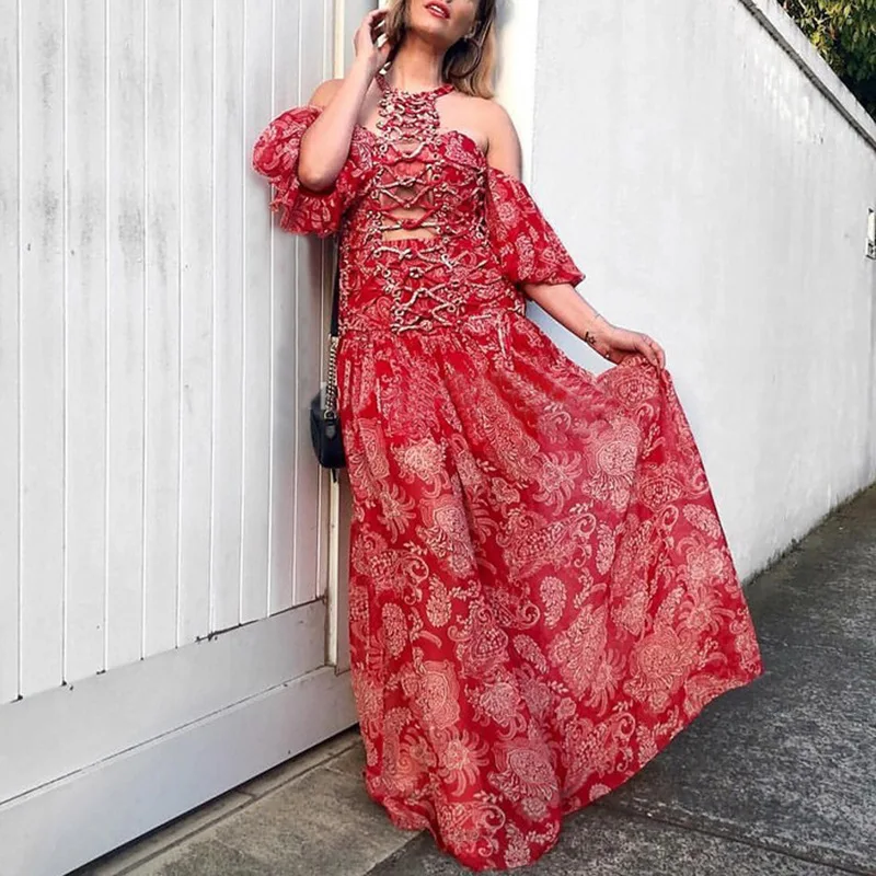 

European and American Bohemian Style High Quality Hollow-out Printed Women's Dress Halter Neck Chiffon Bandage Long Dress 2019