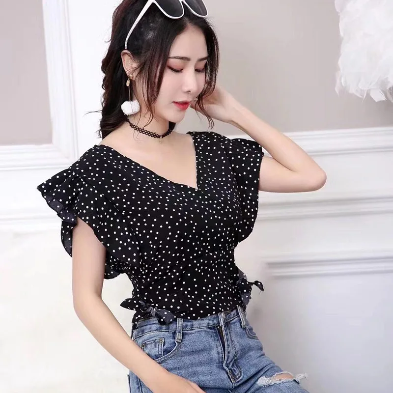 

Ruffles Chiffon Blouse Women's Dot Print V-Neck Shirts Short Sleeve Lace Up Blouse Top