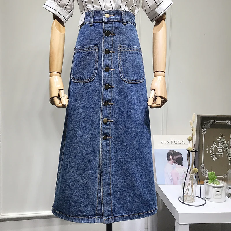 2019 Весна Новая Женская однотонная ковбойская длинная юбка однобортная джинсовая юбка Женская высокая талия джинсовая трапециевидная юбка