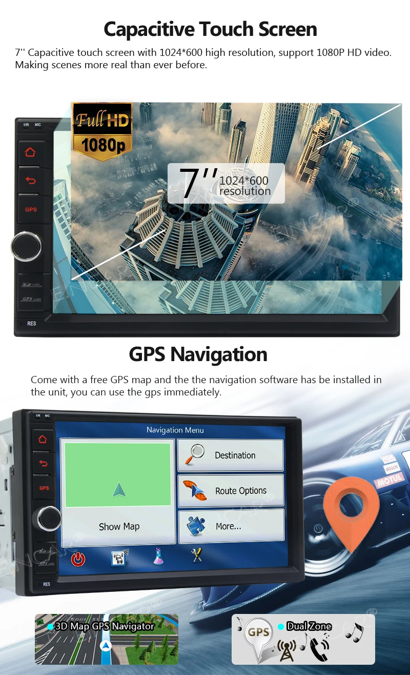 Excellent 7" Touch Screen Car Stereo GPS Navigation + Wireless Rear View Camera, 2 Din Android 6.0 Car Radio Stereo 2 Din GPS Navigation 3