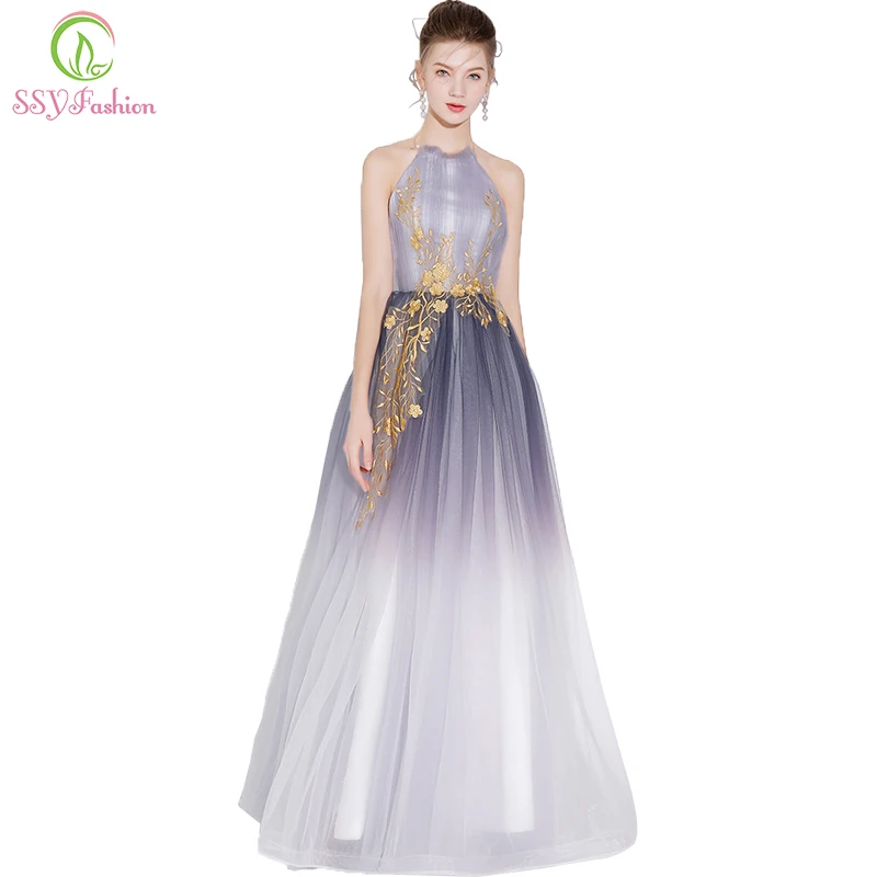 

SSYFashion Sexy Evening Dress Gradient Grey Halter Backless Sleeveless Appliques Floor-length Party Gown Banquet Formal Dresses