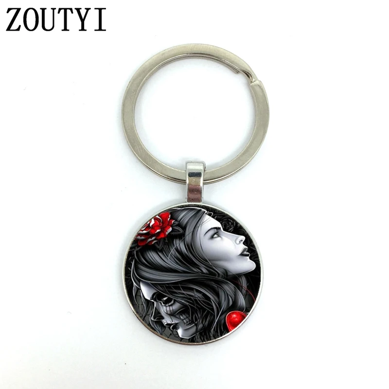 

New / hot, creative new candy skull girl, men's and women's keychain quality car pendant, convex glass key ring.