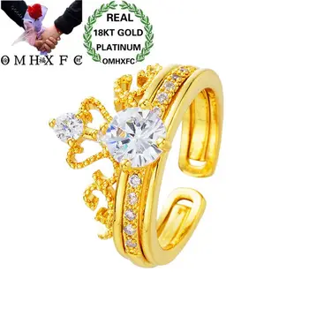 

OMHXFC Wholesale European Fashion Woman Girl Party Birthday Wedding Gift White Crown Zircon Resizable 18KT Real Gold Ring RI64