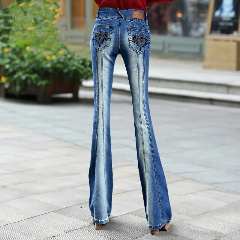 Новые весенние роскошные вышитые расклешенные джинсы со средней талией, женские обтягивающие джинсы с объемным рисунком магической ягодицы