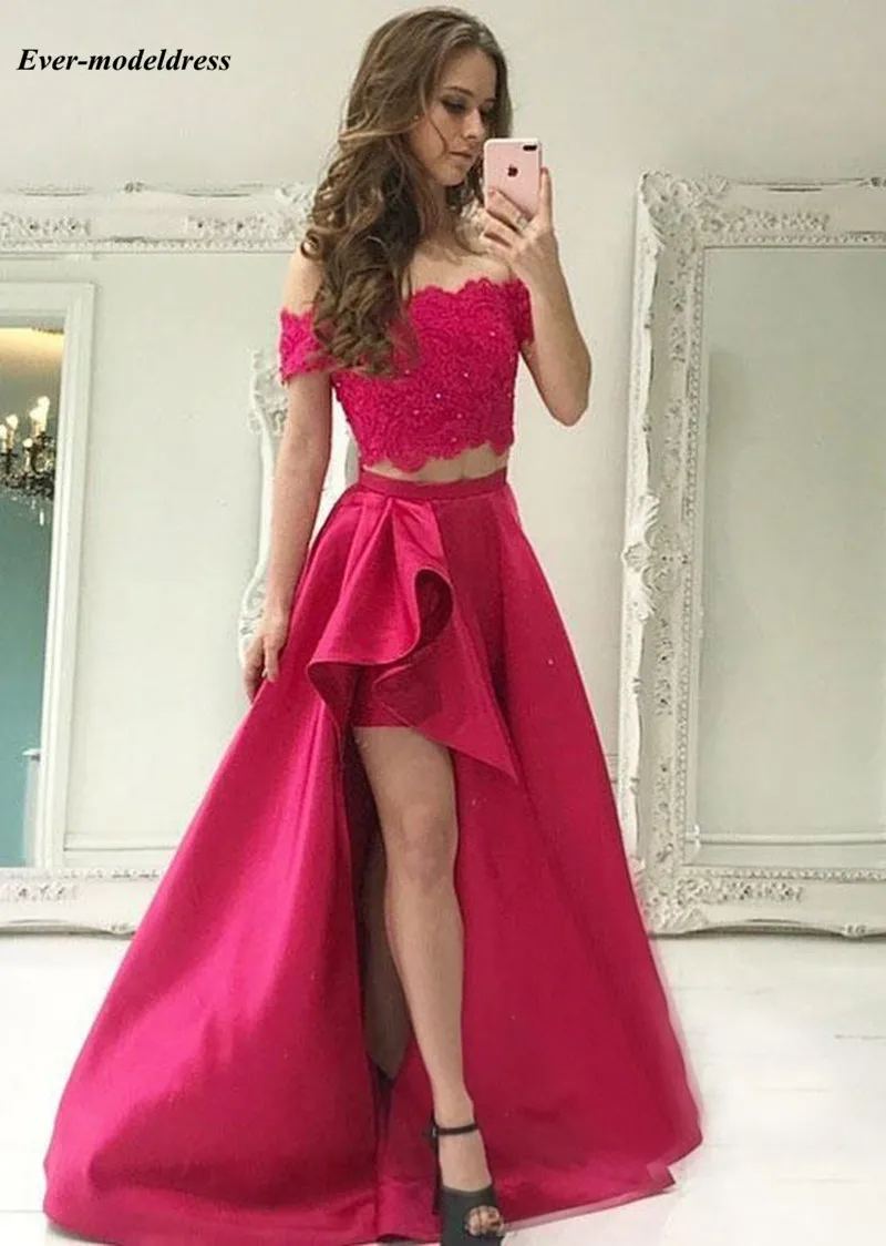 

Two Pieces Dresses Bridesmaid Dresses For Wedding 2019 Lace Top Off Shoulder Beaded Sweep Train Prom Party Dresses Customized