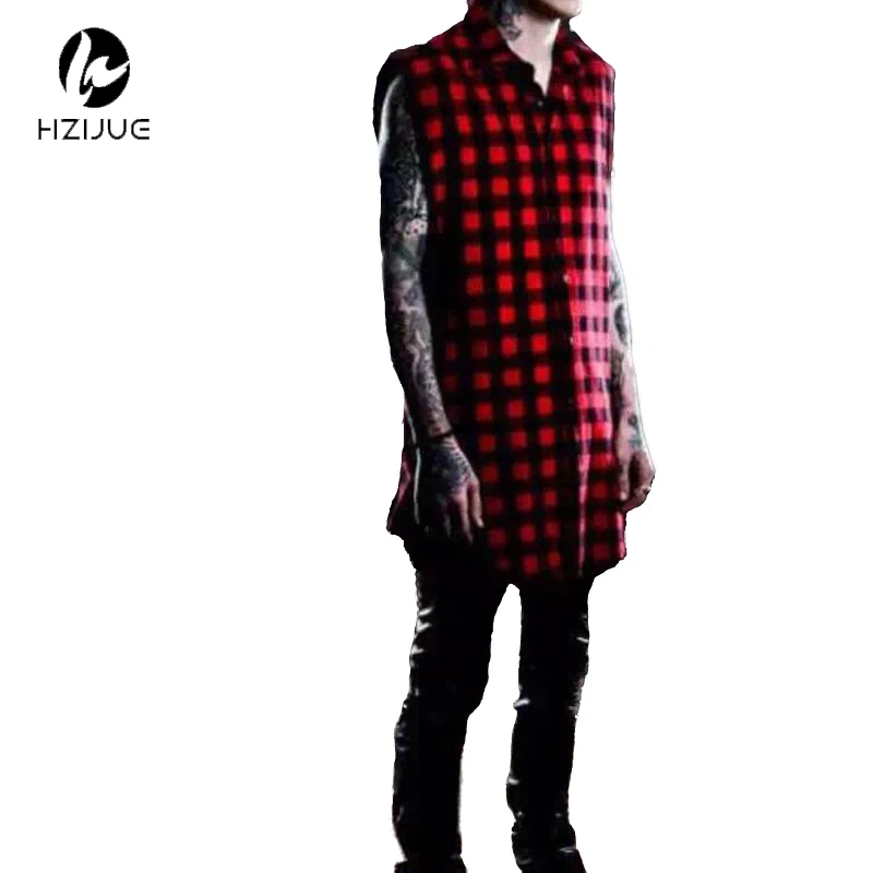 

Black/White/Red Plaid XXXL Long Back Zipper Streetwear Swag Man Hip Hop Skateboard Tyga T-shirt T shirt Top Tees Men Clothing