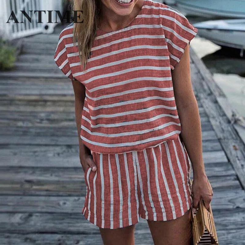 

ANTIME Women Jumpsuit Romper Casual O Neck Spring Summer Striped Short Sleeve Elegant Pockets New Chic Me Short Pink Playsuits