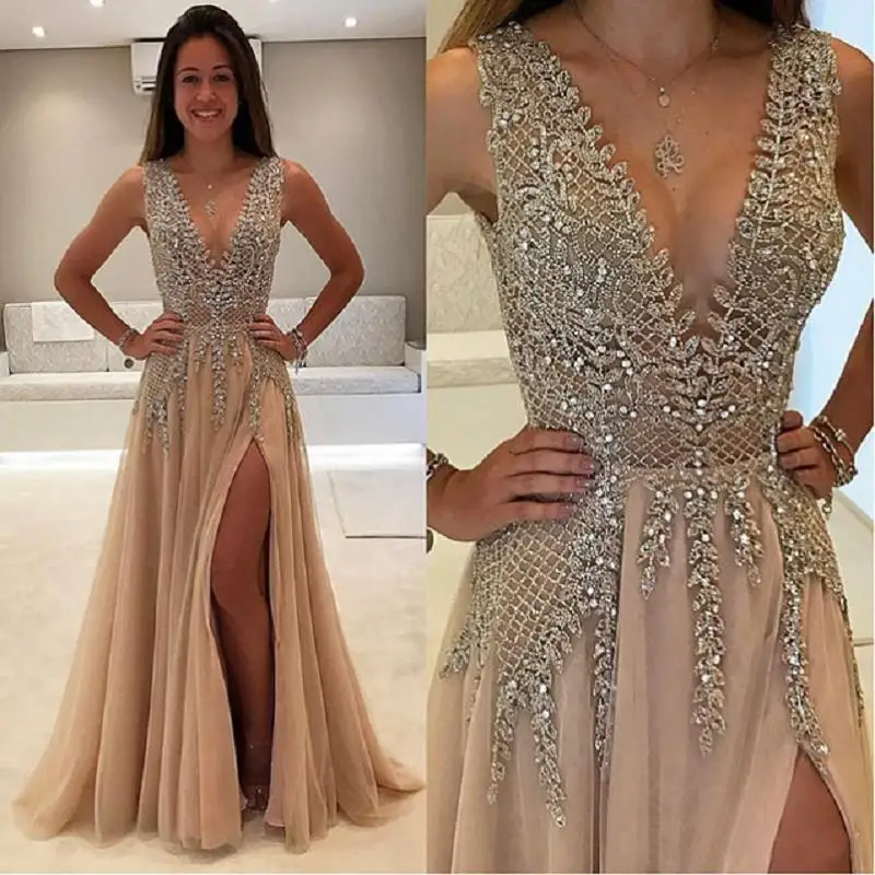 

vestidos de fiesta de noche Champagne Sparkly Prom Dresses 2019 A Line Side Split Sexy V Neck Imported Party Dress Evening Gown