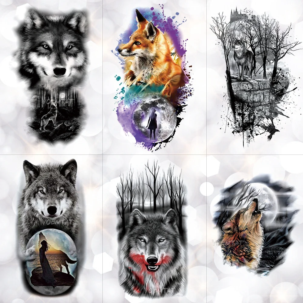 Tribal Wolf Moon Pine Tree Temporary Tattoo Sticker Fox Waterproof Tattoos Forest Body Art Arm Fake Tatoo Men Women Tribal Wolf Moon Pine Tree Temporary Tattoo Sticker Fox Waterproof Tattoos Forest Body Art Arm Fake Tatoo Men Women