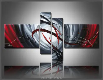 

New Modern Abstract Gray Red Letter Cartoon Flower Oil Paintings On Canvas 4 Panel Art Set Home Wall Decorative For Living Room