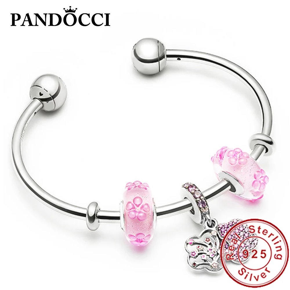 

PANDOCCCI 100% 925 Sterling Silver ZT0272 Flower Open Sometimes Spring Stringed Bracelet Gift Set Opening Adjustable Bangle