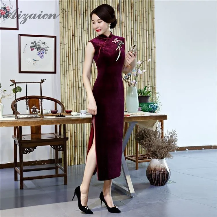 Бархат вышивка Cheongsam современный Китай тонкий темно зеленый длинное платье китайское традиционное Qipao Восточный стиль халат