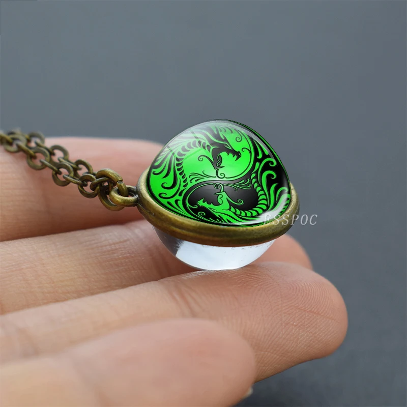 Двухбоковое ожерелье Yin Yang тайцзи стеклянный шар Dragon бронзовая цепочка колье