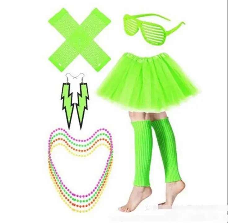 80's Lace Headband Neon Earrings Fingerless Fishnet Gloves for 80's Party 6