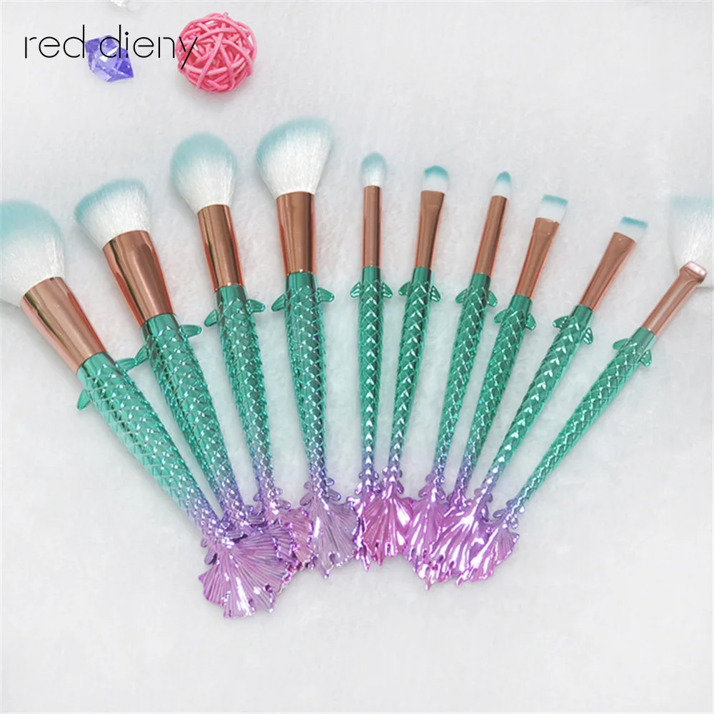 

10 pcs Mermaid Makeup Brushes Tool Sets Foundation Eye Shadow Blending Powder Contour Blush Cosmetics Glitter Make Up Brush Kit
