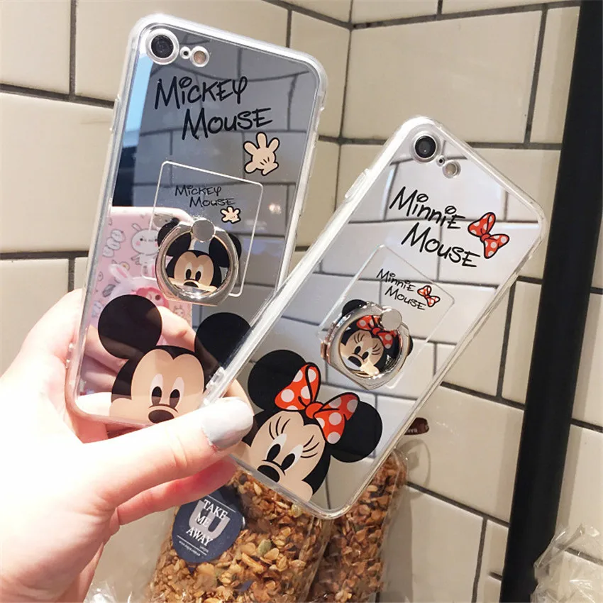 

Mirror Cartoon Cases Mickey Minnie Plating Stand Holder Cases For Iphone 7 8 Plus X 6 S Plus XS Max XR Coque Soft Phone Cases