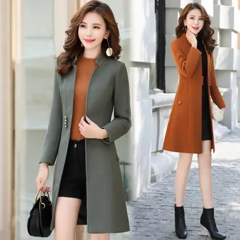 

Fashion Women Mandarin Collar Solid Coats Autumn Winter Pocket Thin Blends Outwear Casual Single Breasted Wool Trench
