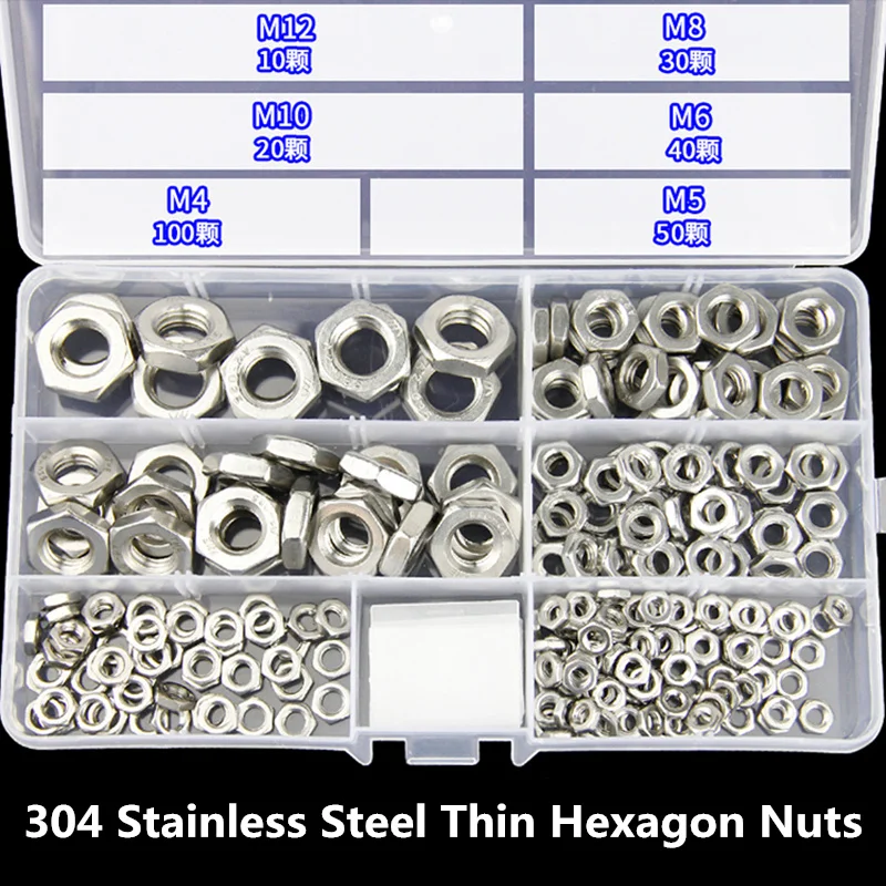 

250pcs/set M4/5/6/8/10/12 304 Stainless Steel Thin Hexagon Nuts Metric Thread Screw Nuts Hex Head Nuts