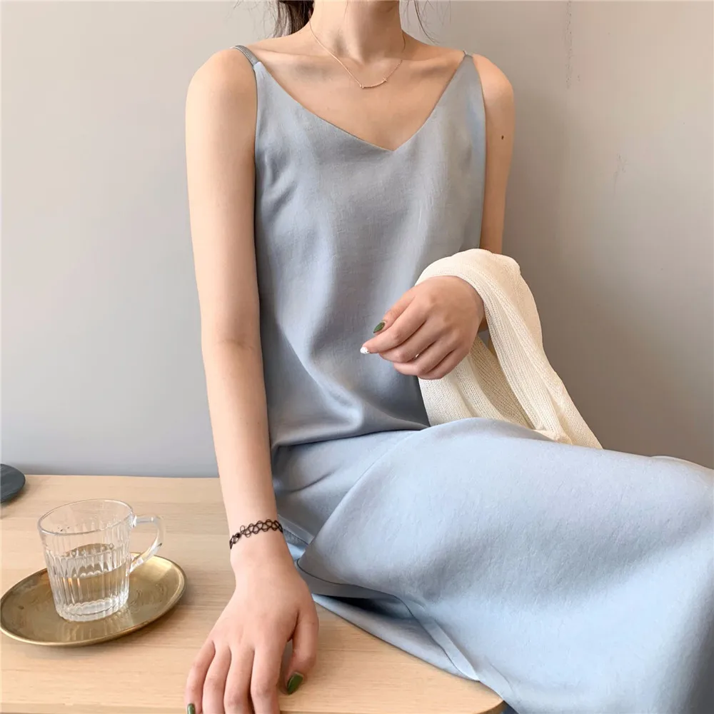 Women Summer Satin Dress 2019 Women's Sexy Dress Luxury Shiny Sundress Imitation Silk dress Y0368 Spaghetti Strap Dresses (22)