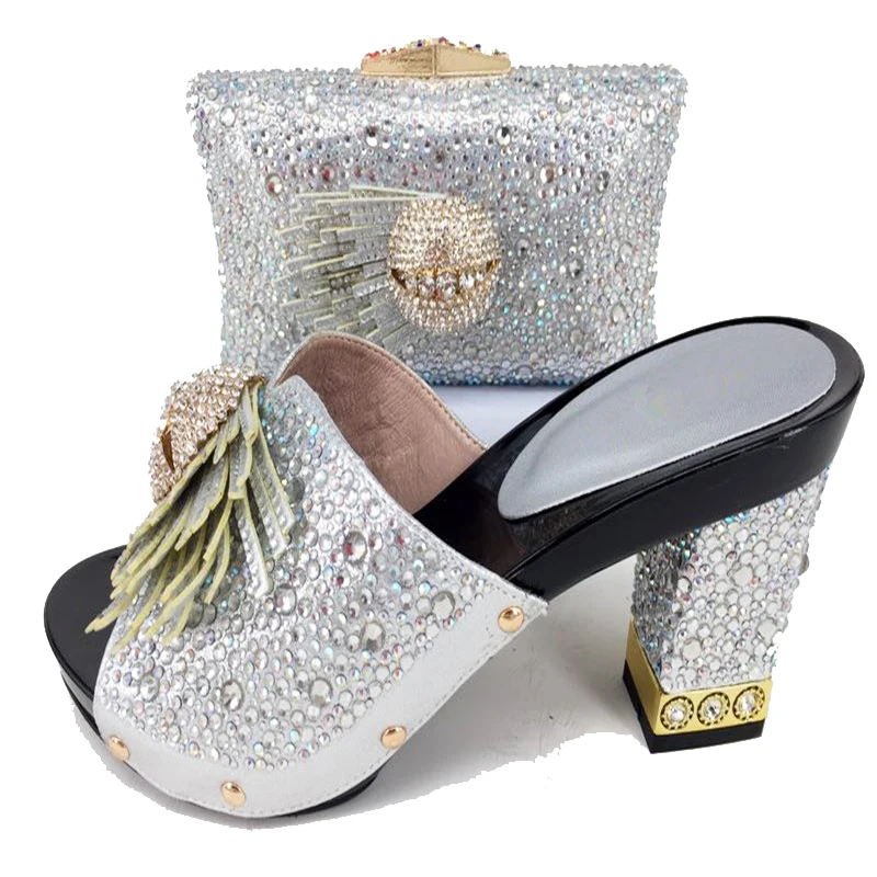 

Silver color slippers women with stones matching clutches bag middle heel 3.5 inches hand made shoes bag women set SB8159-4