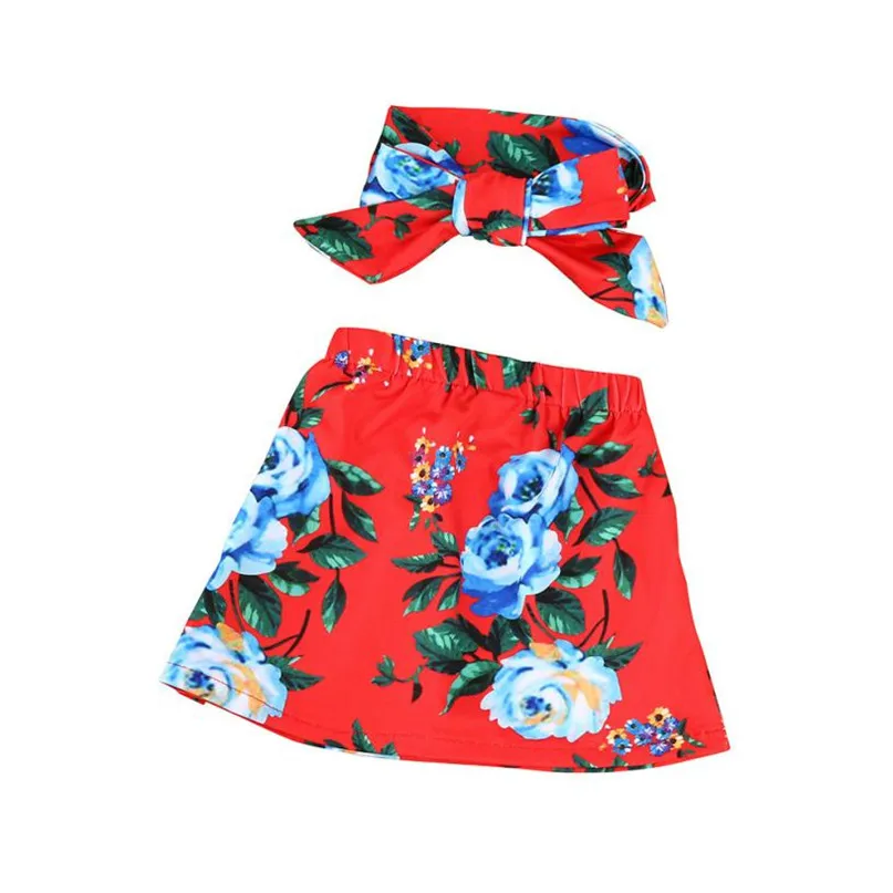 

Red Color Hot Lovely Newborn Toddler Kids Baby Girls Clothes Outfits Floral Print Skirt+Headband Set drop shipped ST05