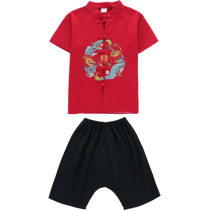 Национальный стиль; Детский костюм с короткими рукавами в стиле Тан; Традиционный китайский костюм с вышивкой Дракона Для мальчиков; одежда для выступлений на сцене