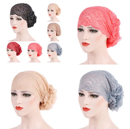 

Elasticity High Quality Lace Women India Hat Muslim Ruffle Cancer Chemo Beanie Scarf Turban Floral Lace Cap