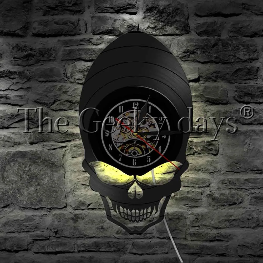 

1Piece Alien Skull Vinyl Record Wall Clock Hippie Skull Wide Cheekbones Eyes Skeleton LED Night Light Halloween Horror Decor