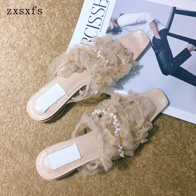 

Stylish Low Heels Square Toe Slippers Apricot Lace Pearl Beading Women Slides!