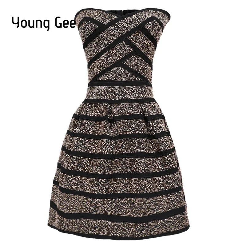 

Young Gee Women Sexy Strapless Bandage Stretch Dress Celebrity Gold Rivets Beading Striped Party Elastic Mini Dresses vestidos