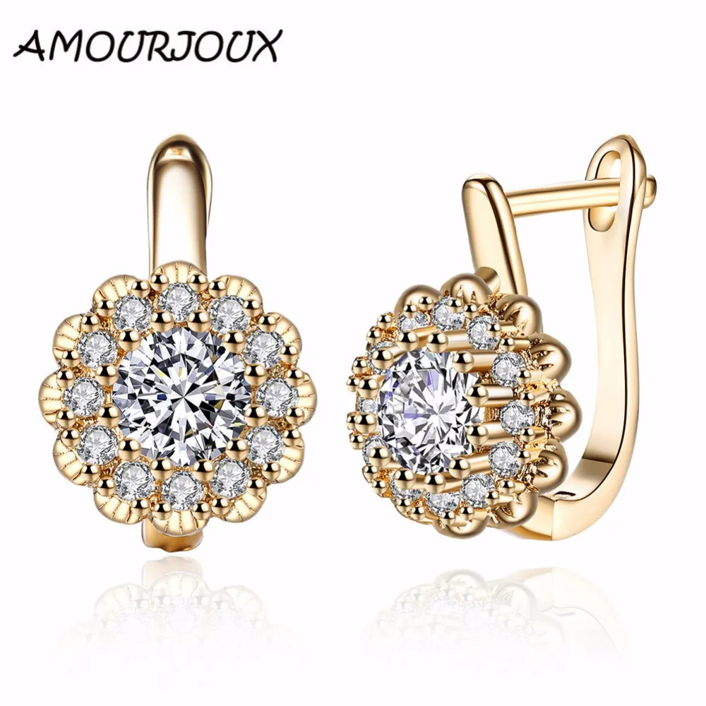 

AMOURJOUX White/Gold Color Full Zircon Filled Flower Clip Earrings For Women Ear Cuff Clips On Earring Female Hoops