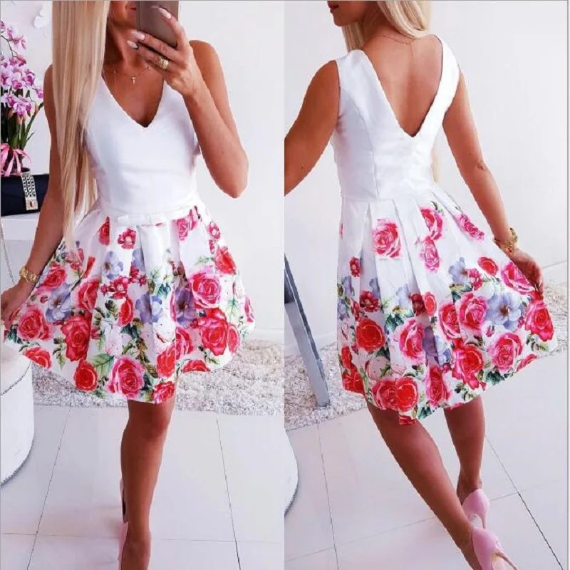 

Sexy Women Dress For New Summer 2019 Fashion Print V-Neck Sleeveless Mini Dress Lady Backless Women Summer White Dress Vestidos
