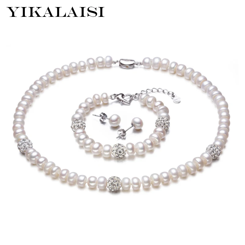 YIKALAISI, 925 пробы, серебро, натуральный пресноводный жемчуг, ожерелье, серьги, браслет, модный набор, ювелирное изделие для женщин, 8-9 мм, жемчуг