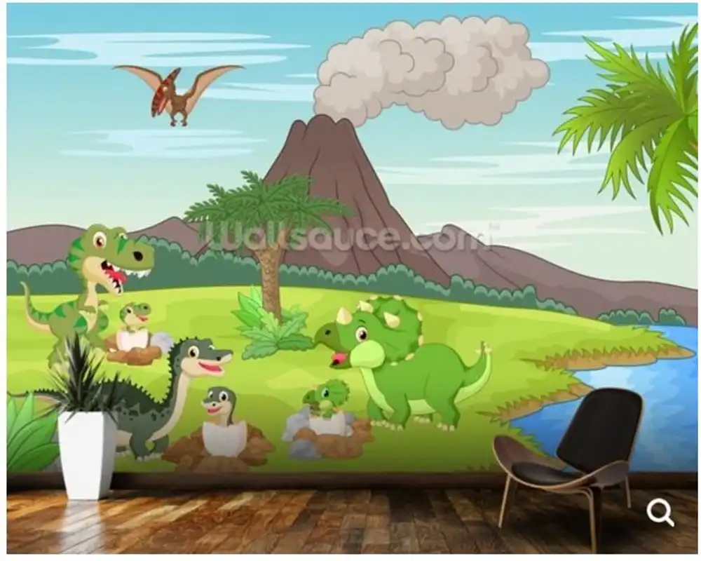 カスタム赤ちゃん壁紙 赤ちゃん恐竜 火山 かわいい漫画壁画寝室用