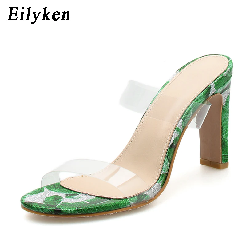 

Eilyken 2019 New Summer Slippers Sandals Open Toed PVC Transparent Mules High Heels Green Slippers Size 35-40