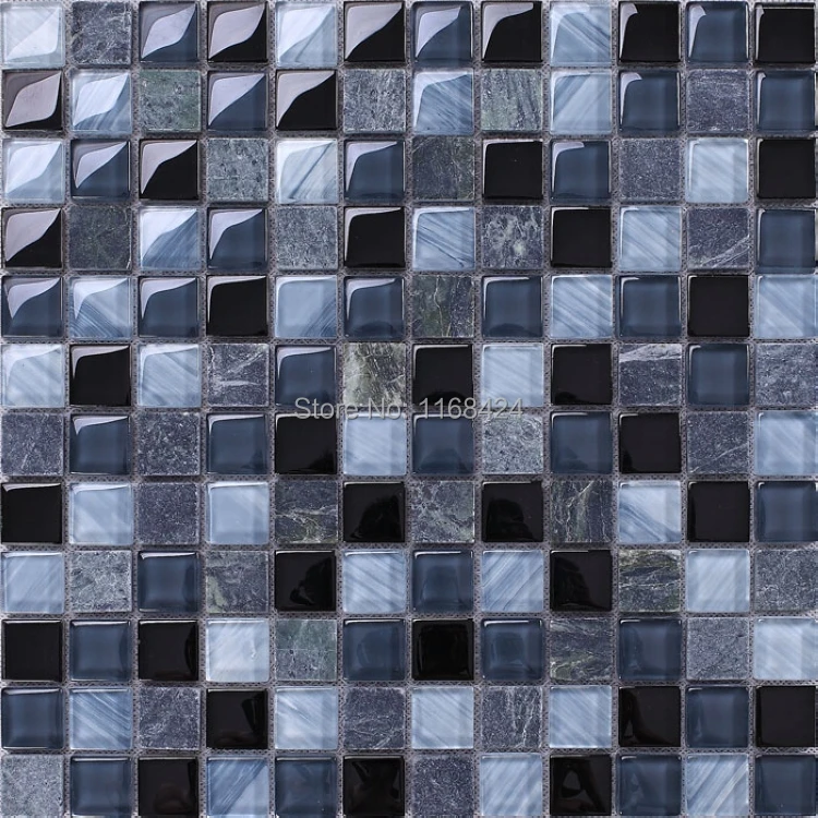 gray mixed blue glass & stone mosaic tiles 1x1" squared mosaic mesh