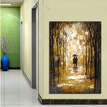Modern Abstract Wall Art Decor Landscape Canvas Art Wall Picture Pure Handpainted Walk in Yellow Glod Flower Forest Oil Painting